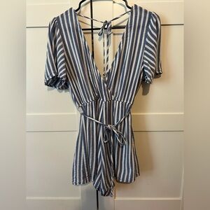 Francesca's Mi Ami Blue and White Striped Romper XXS